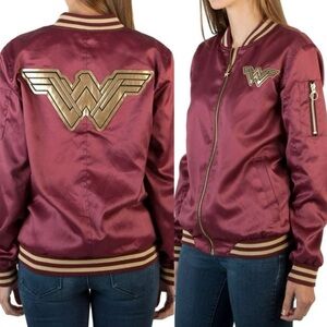 Wonder Woman Satin Bomber Jacket - Burgundy with Gold Trim